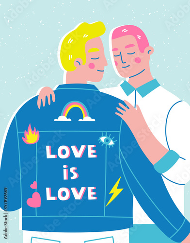 Male gay couple hugging. Vector illustration of LGBTQ concept in trendy cartoon style. Hand drawn homosexual characters in love.