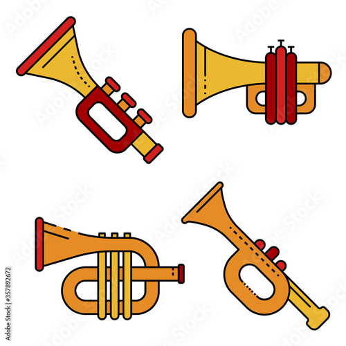 Trumpet icons set. Outline set of trumpet vector icons thin line color flat isolated on white
