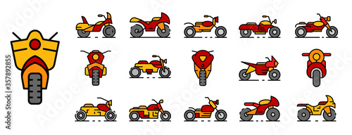 Motorbike icons set. Outline set of motorbike vector icons thin line color flat isolated on white