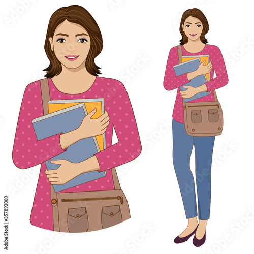 Young adult girl holding books and handbag ready to go to school.