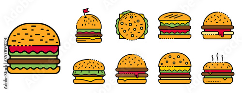 Burger icons set. Outline set of burger vector icons thin line color flat isolated on white