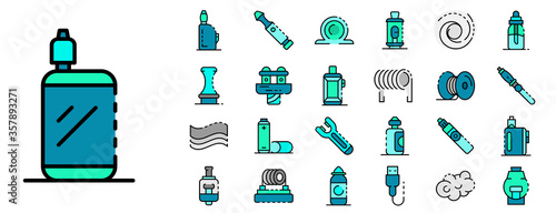 Electronic cigarette icon set. Outline set of electronic cigarette vector icons thin line color flat isolated on white