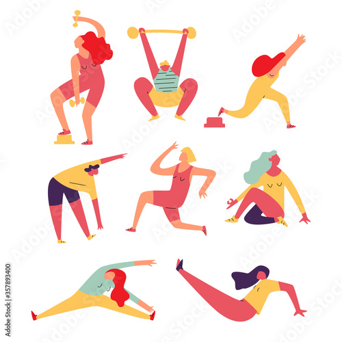 Set of sport exercising people. Training men and women