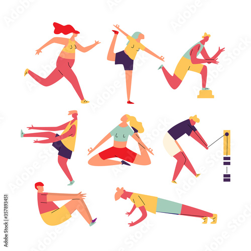 Set of sport exercising people. Training men and women