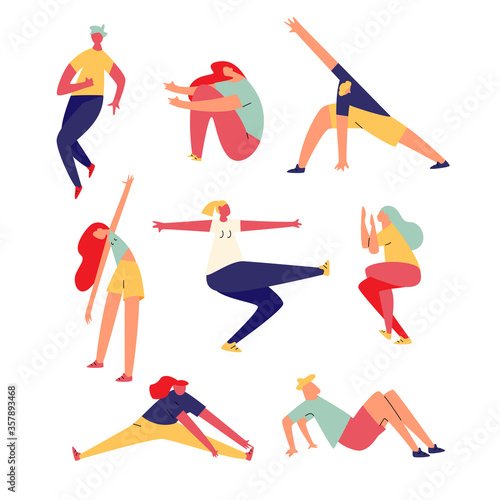 Set of sport exercising people. Training men and women