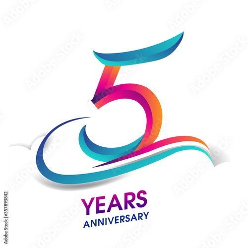 5th anniversary celebration logotype blue and red colored, isolated on white background.