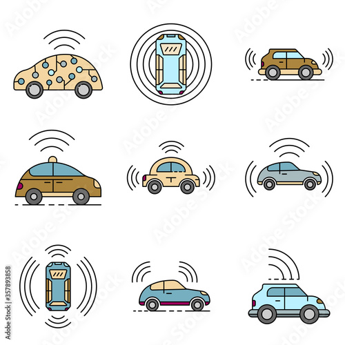 Driverless car icons set. Outline set of driverless car vector icons thin line color flat isolated on white