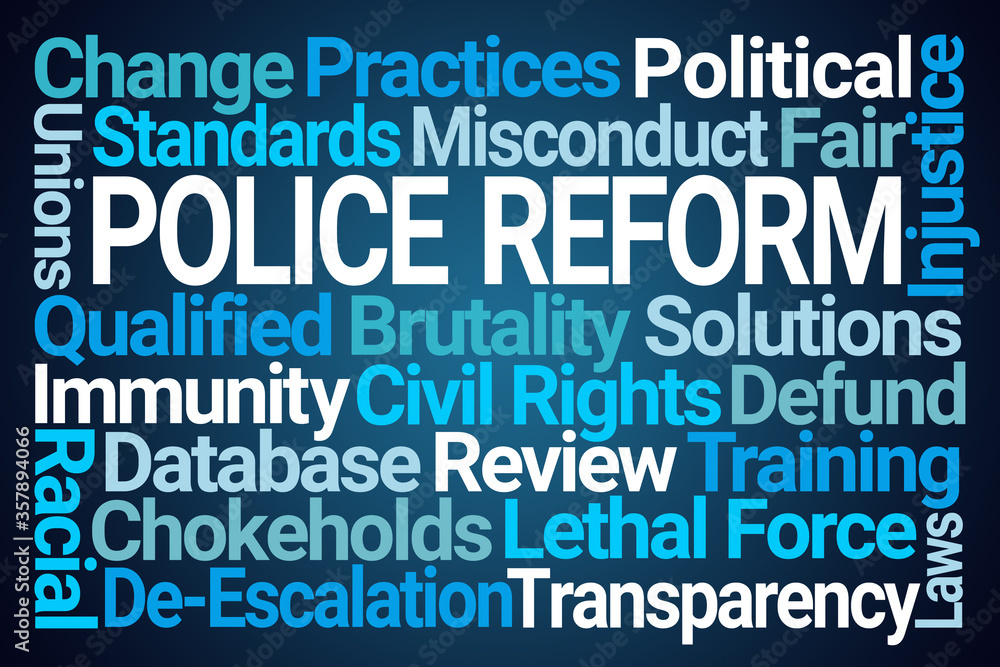 Police Reform Word Cloud on Blue Background Police Reform Word Cloud on Blue Background
