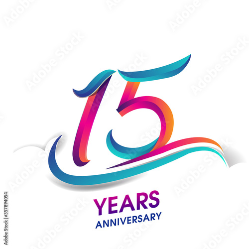 15th anniversary celebration logotype blue and red colored, isolated on white background.
