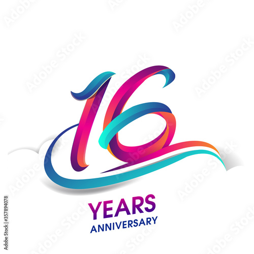 16th anniversary celebration logotype blue and red colored, isolated on white background.
