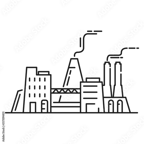 Factory building outline icon. Industrial  architecture.  Vector isolated on white background.
