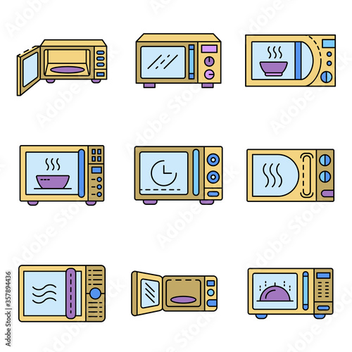 Microwave icons set. Outline set of microwave vector icons thin line color flat isolated on white