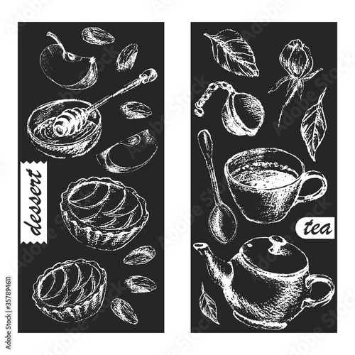 Hand drawn chalk sketch of tea and dessert flyers.