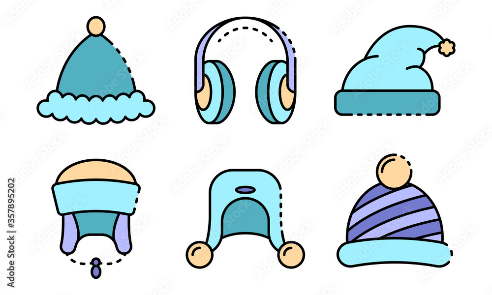 Winter headwear icons set. Outline set of winter headwear vector icons thin line color flat isolated on white Winter headwear icons set. Outline set of winter headwear vector icons thin line color flat isolated on white