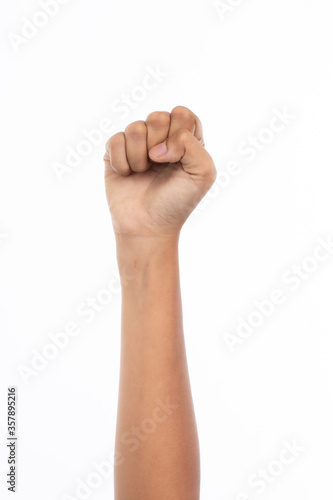 Hand of woman stranglehold, handful, studio light shooting isolated on white background