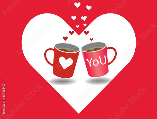 2 hot coffee mugs on white heart shape in red background. Vector Illustration. Idea for beverages, love and valentine's day