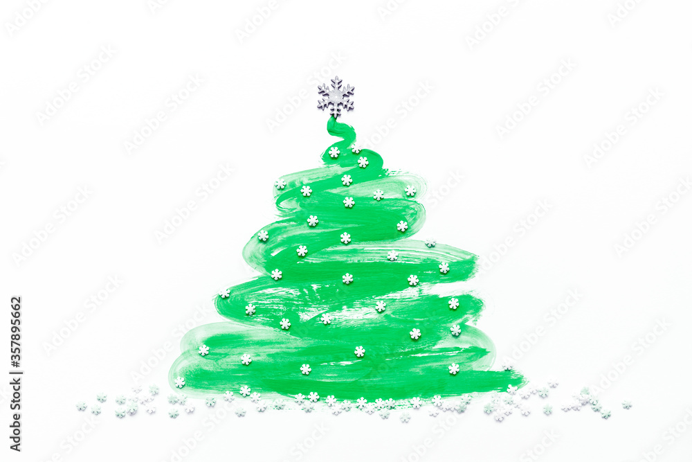 Christmas tree hand draw with sugar snowflakes isolated on white background Christmas tree hand draw with sugar snowflakes isolated on white background