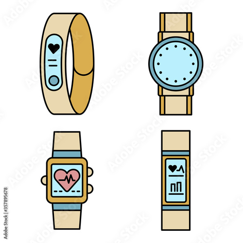 Fitness tracker icons set. Outline set of fitness tracker vector icons thin line color flat isolated on white