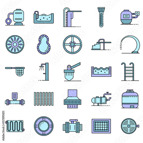 Pool equipment icons set. Outline set of pool equipment vector icons thin line color flat isolated on white