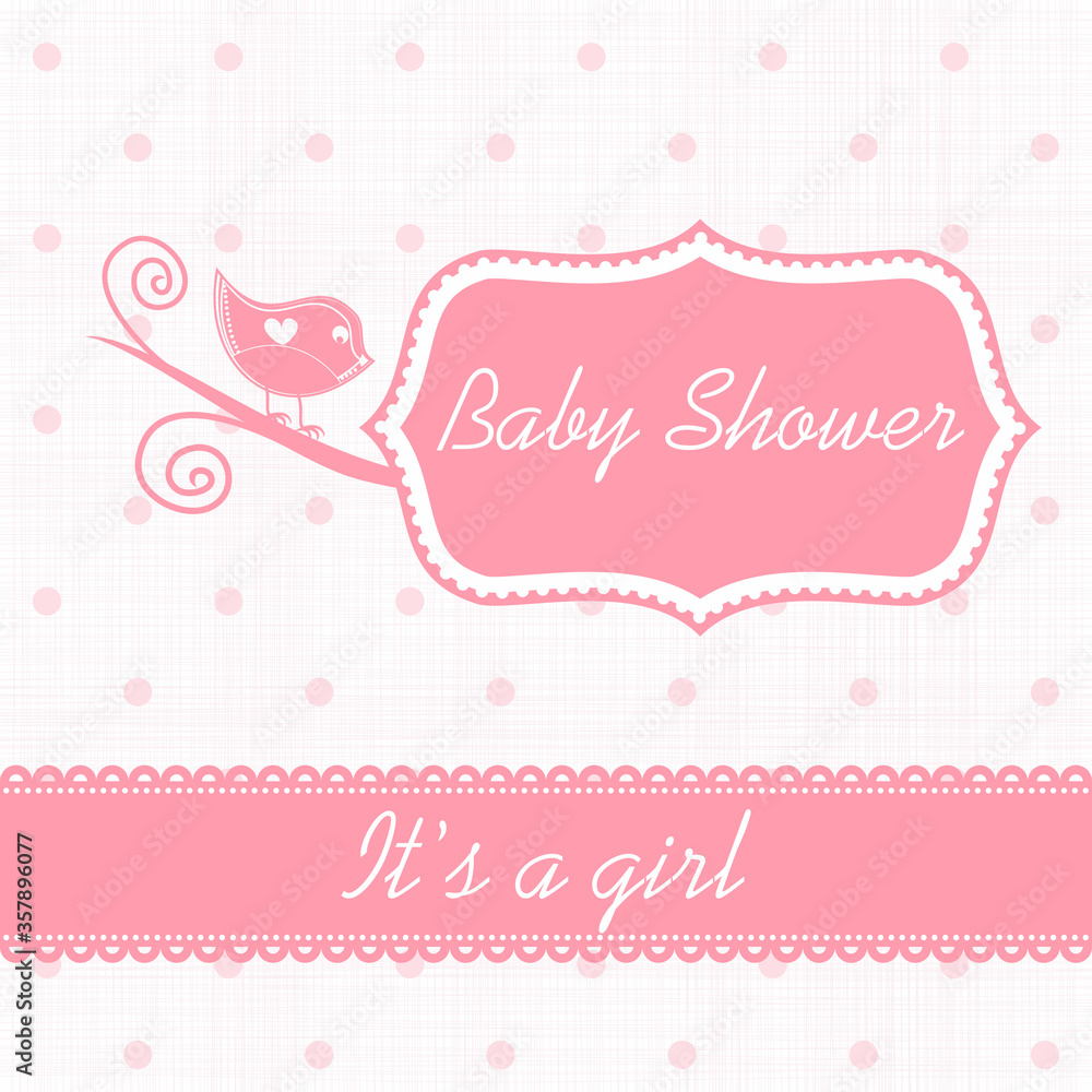 Vector watercolor pink sticker set It's a girl. Calligraphy lettering Baby shower. element for invitation design. Editable template for a birthday card with polka dot pattern. 