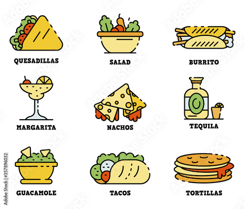 Mexican food icons set. Outline set of mexican food vector icons thin line color flat isolated on white
