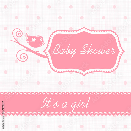 Vector watercolor pink sticker set It's a girl. Calligraphy lettering Baby shower. element for invitation design. Editable template for a birthday card with polka dot pattern. 