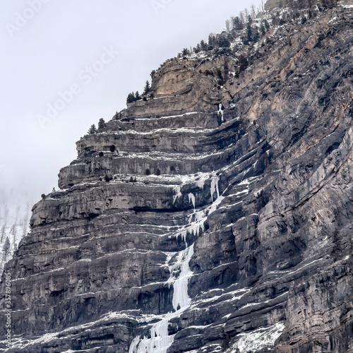 Square crop Stunning Bridal Veil Falls in Provo Canyon with frozen water on the rugged slope
