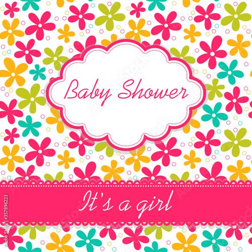 Editable template for a birthday card with floral pattern. Baby shower invitation "It's a girl".