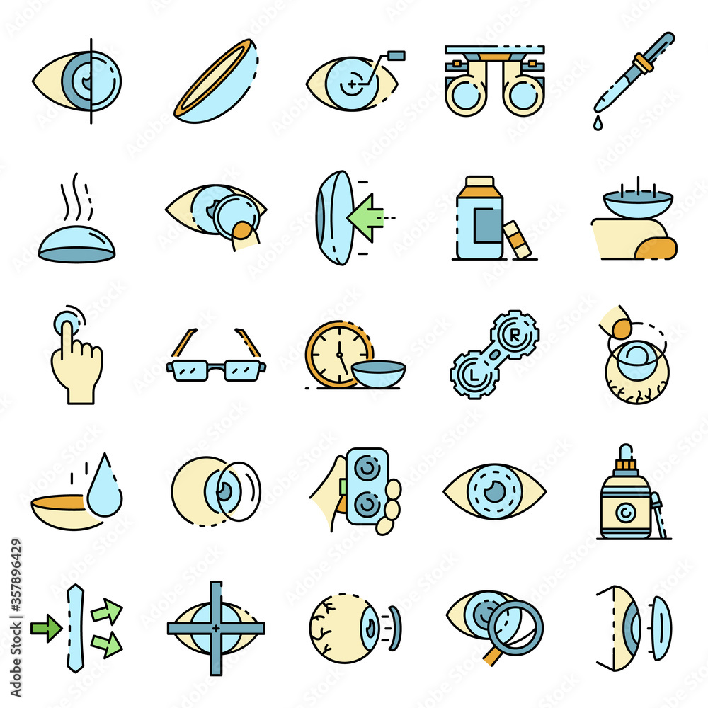 Contact lens icons set. Outline set of contact lens vector icons thin line color flat isolated on white