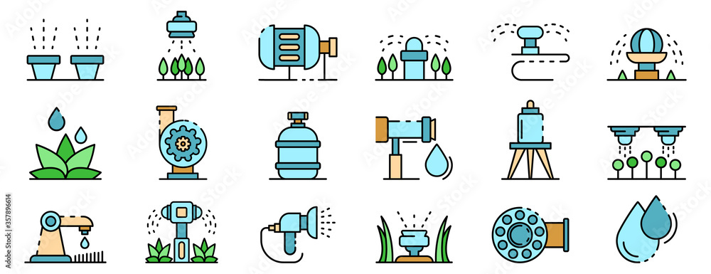 Irrigation system icons set. Outline set of irrigation system vector ...