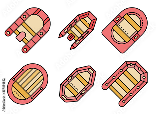 Inflatable boat icons set. Outline set of inflatable boat vector icons thin line color flat isolated on white