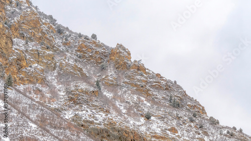 Panorama Rocky mountain terrain of Provo Canyon in Utah with cloud filled sky background