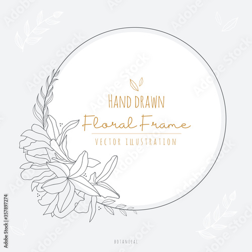 Elegant floral round frame. Isolated minimalist style ornament. Botanical design elements for invitation, weeding, greeting cards. Decorative outline hand drawn flower elements. Simple, summer style