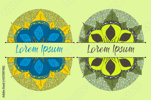 Colorful hand drawn floral doodle border. Flower with tribal leaves and decoration
