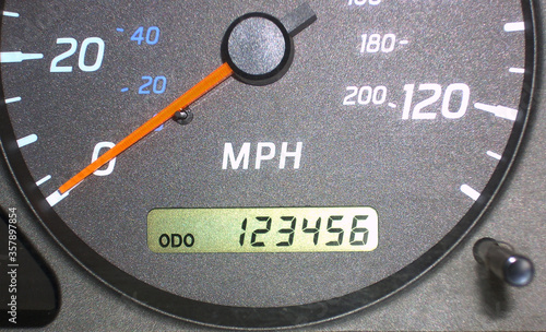 car speedometer 123456 on black background photo