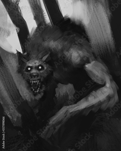 Fototapeta Digital black and white painting of a werewolf creature in a wooded environment