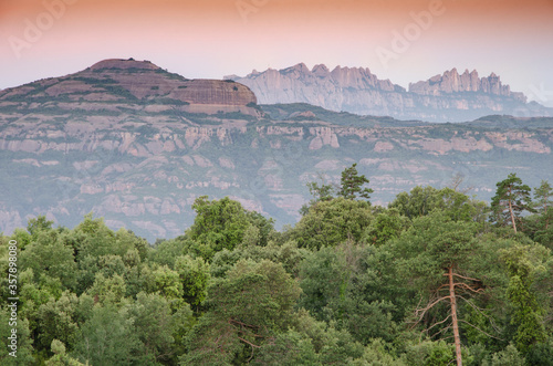 Vista de los parques naturales de Sant Llorenç del Munt y la Montaña de Montserrat con un bosque en primer termino (Cataluña, España). photo