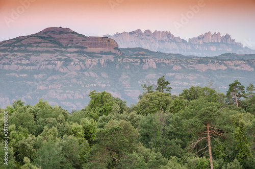 Vista de los parques naturales de Sant Llorenç del Munt y la Montaña de Montserrat con un bosque en primer termino (Cataluña, España).