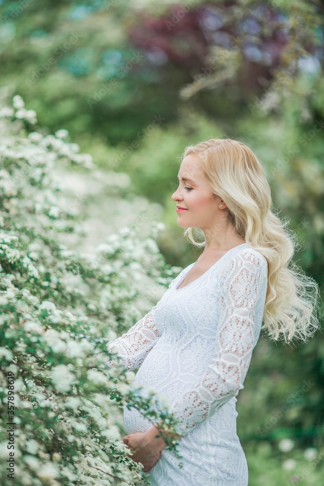 Young beautiful pregnant woman in a lace white dress walks in a flowering park. Portrait of a beautiful pregnant blonde. Spring. Young beautiful pregnant woman in a lace white dress walks in a flowering park. Portrait of a beautiful pregnant blonde. Spring.