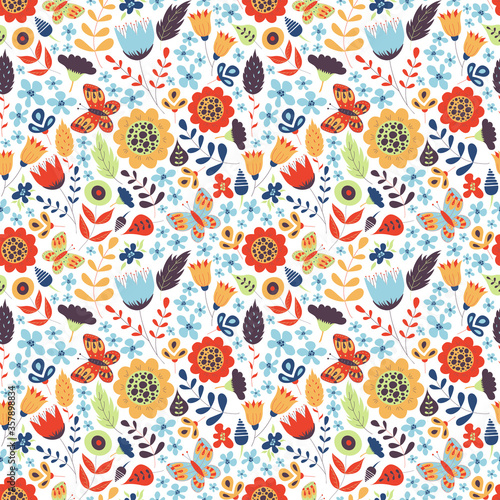 Floral seamless pattern with doodle flowers, butterfly and leaves. Vector blooming floral texture