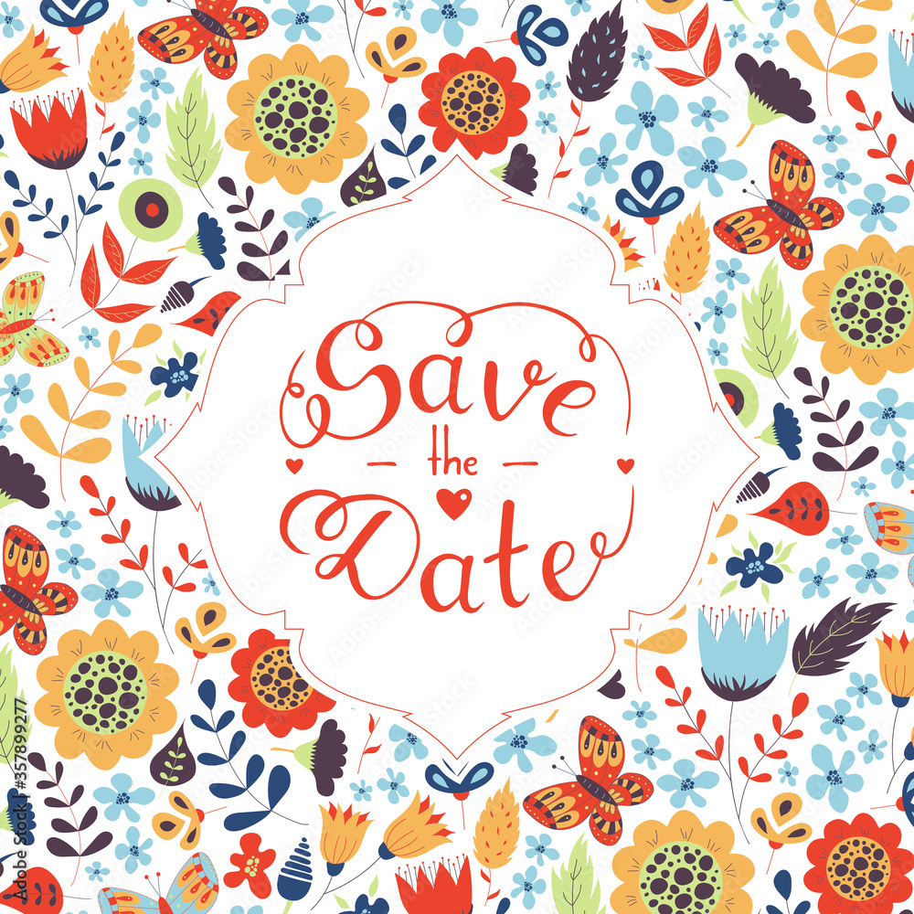 Save the date hand lettering. Hand drawn phrase. Wedding day invitation. Beautiful floral doodle pattern Save the date hand lettering. Hand drawn phrase. Wedding day invitation. Beautiful floral doodle pattern