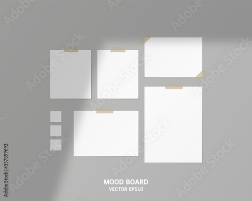 Mood board with shadow overlay. Mood board mockup template. Mockup vector isolated. Template design. Realistic vector illustration.