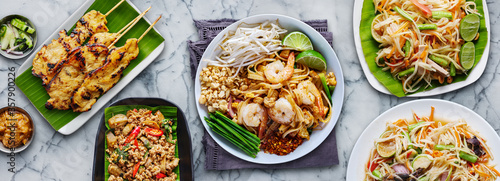 Photo assorted thai food in flat lay composition
