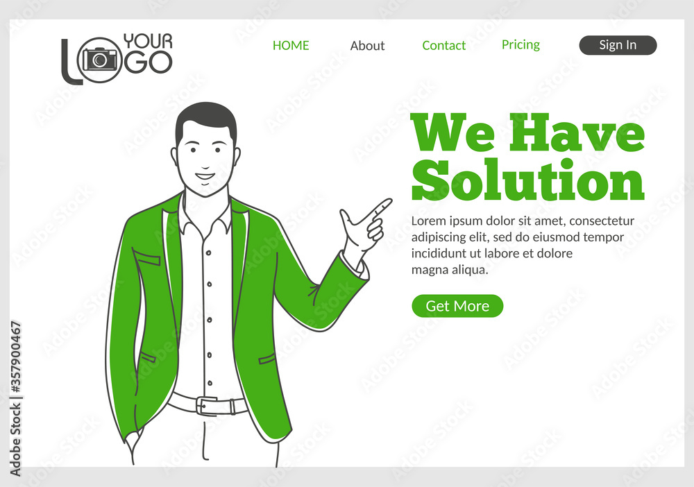 Naklejka premium We have Solution landing page in thin line style. Young smiling man finger pointing at text. Software development for business, assistance and consultation. Digital technology and innovations.