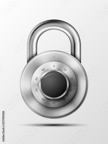 realistic closed padlock. Steel Mechanical Combination lock. Privacy padlock illustration. Enter the PIN code. Electronic lock icon. Reliable Protection padlock badge. Code combination symbol