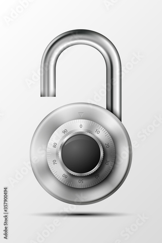 realistic opened padlock. Steel Mechanical Combination lock. Privacy padlock illustration. Enter the PIN code. Electronic open lock icon. Reliable padlock Protection badge. Code combination symbol