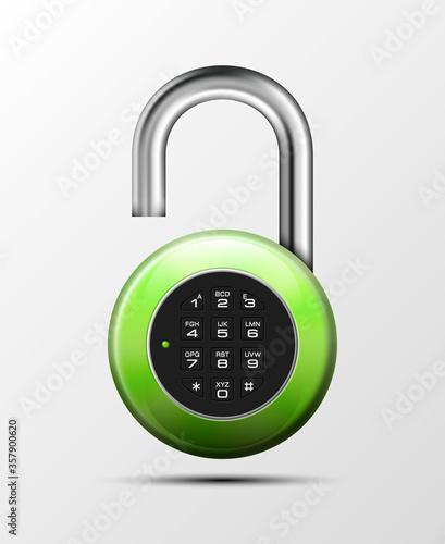 realistic opened padlock. Steel Mechanical Combination lock. Privacy padlock illustration. Enter the PIN code. Electronic open lock icon. Reliable padlock Protection badge. Code combination symbol