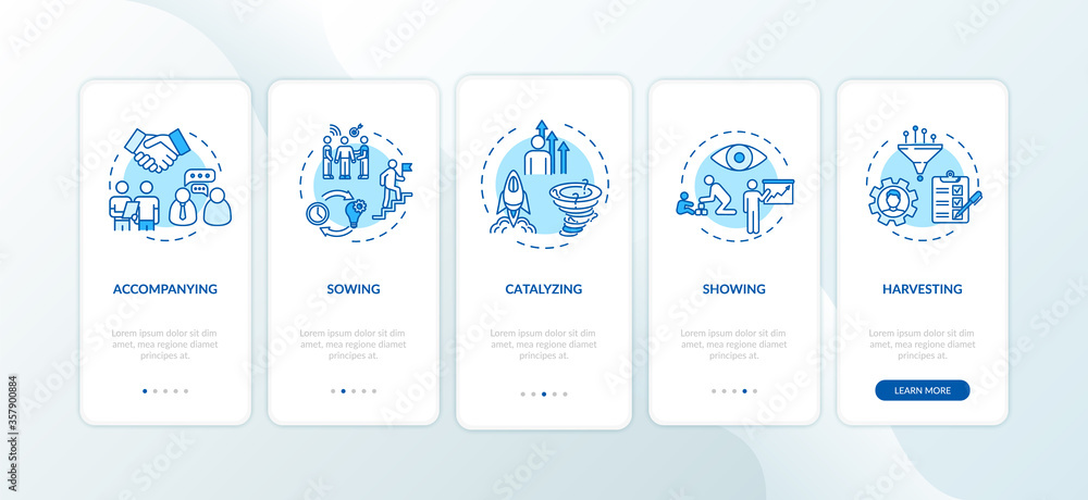 Project management onboarding mobile app page screen with concepts. Guidance for colleague. Support employee walkthrough 5 steps graphic instructions. UI vector template with RGB color illustrations