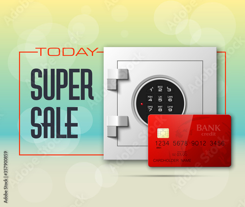 Credit card & Electronic lock picture. Bank door card & image combination lock front side banner. Plastic card & steel safe. Debit card & electromagnetic locking devices chip. Online payment banner
