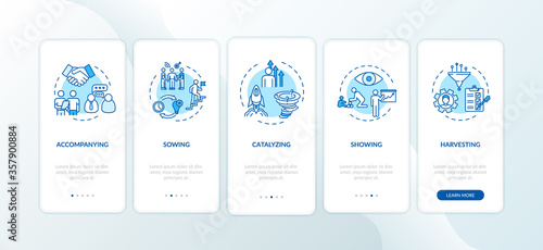 Project management onboarding mobile app page screen with concepts. Guidance for colleague. Support employee walkthrough 5 steps graphic instructions. UI vector template with RGB color illustrations